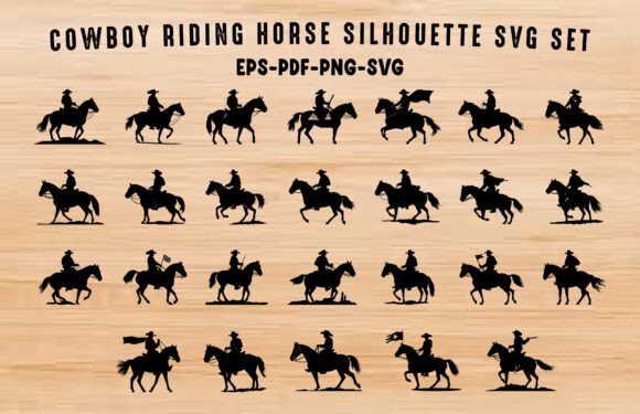 Cowboy Riding a Horse Silhouette SVG Set